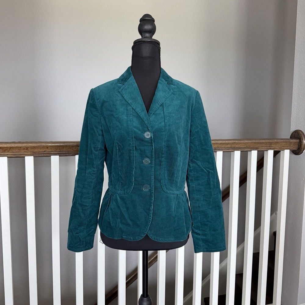 Talbots Petites Teal‎ Corduroy Blazer Jacket Peplum Sz 4P Academia Preppy Office